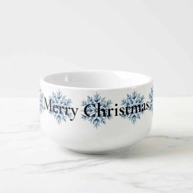 Blue White Winter Snowflake Christmas Soup Mug (Front)