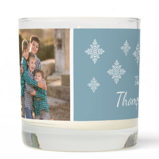 Blue White Winter Snowflakes Family Photo Template Scented Candle