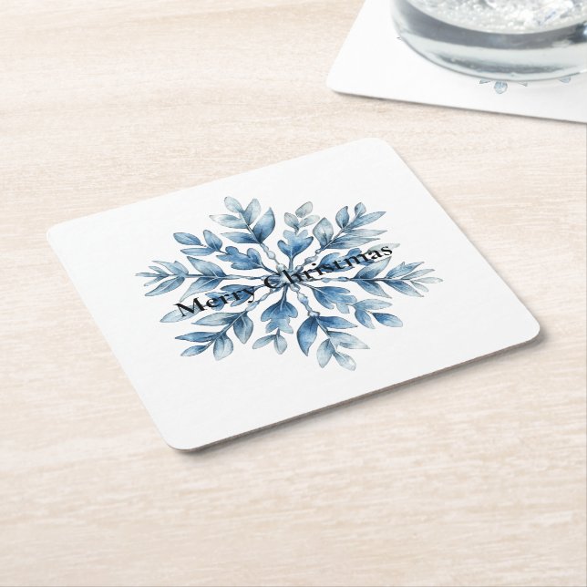 Blue White Winter Snowflakes  Square Paper Coaster (Angled)