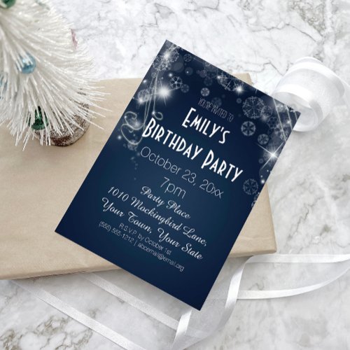 Blue  White Winter Wonderland Birthday Party Invitation