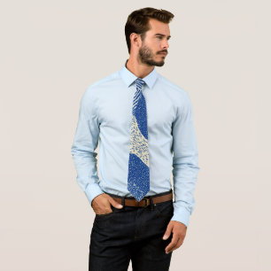 Blue White Woodcut Wave Abstract Pattern Neck Tie