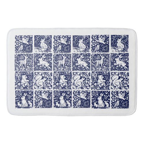 Blue White Woodland Animal Bear Fox Rabbit Foliage Bath Mat