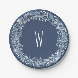Blue & White Woodland Animal Wreath Delft Monogram Paper Plates