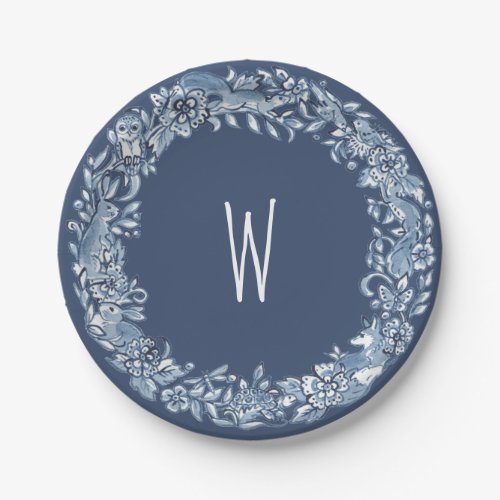 Blue  White Woodland Animal Wreath Delft Monogram Paper Plates