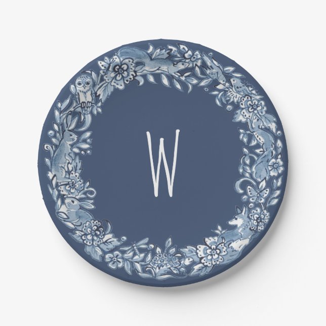 Blue & White Woodland Animal Wreath Delft Monogram Paper Plates (Front)