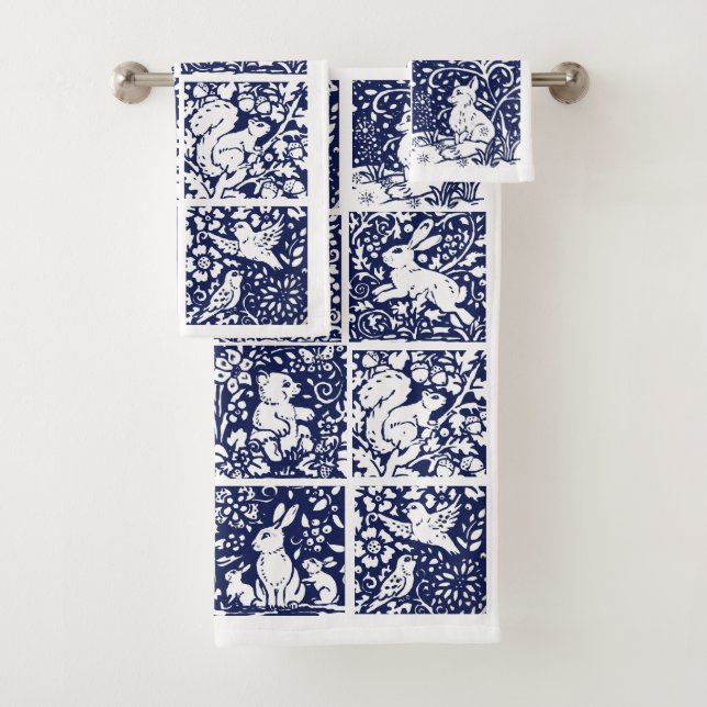 Blue White Woodland Animals Forest Fox Rabbit Bear Bath Towel Set (Insitu)