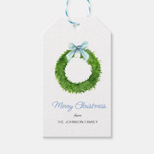 Christmas Wreath with Gold String Lights on Blue Gift Tags