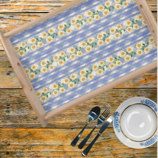 Blue White Yellow Check Gingham Daisies Serving Tray
