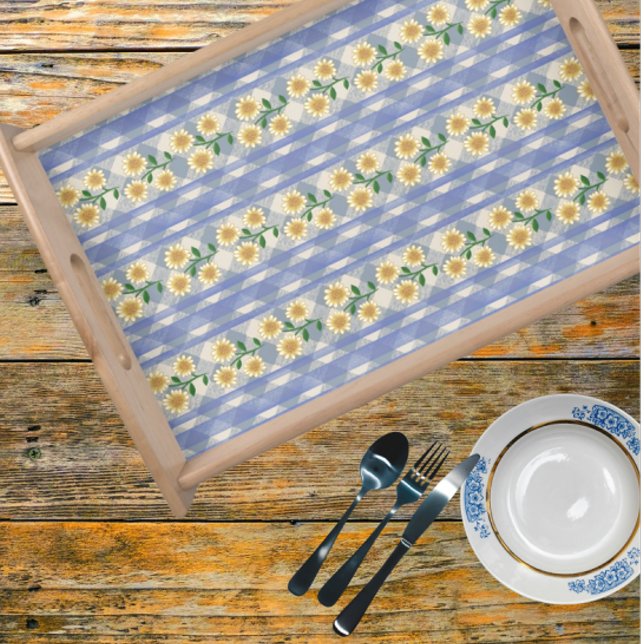 Blue White Yellow Check Gingham Daisies Serving Tray (Rustic daisies on blue)