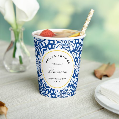 Blue White Yellow Chic Feminine Damask Pattern  Paper Cups