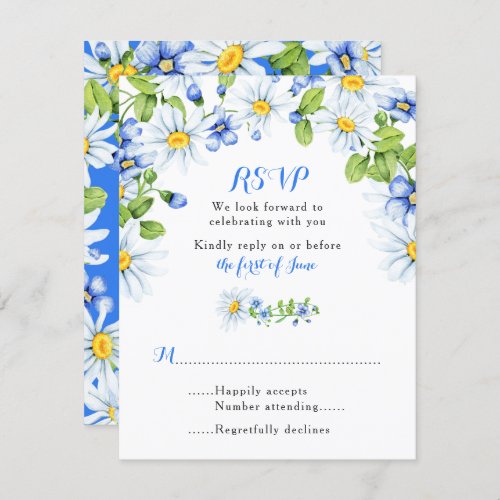 Blue White Yellow Daisy Floral Wedding RSVP Card