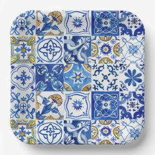 Blue, White & Yellow Floral Mediterranean Pattern Paper Plates