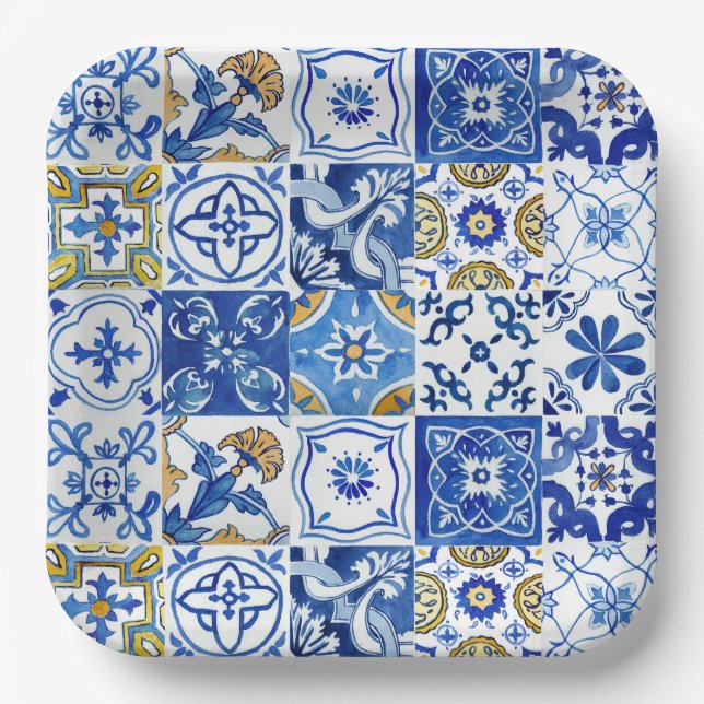 Blue, White & Yellow Floral Mediterranean Pattern Paper Plates (Front)