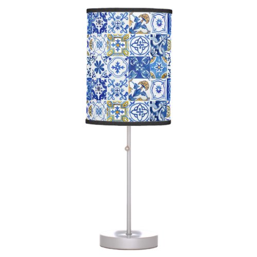 Blue White  Yellow Floral Mediterranean Pattern Table Lamp