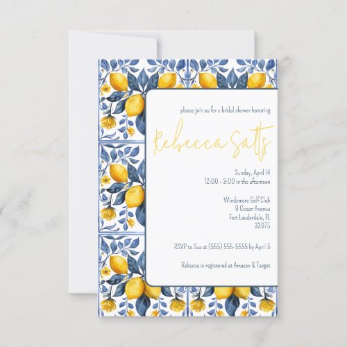 Blue White Yellow Lemons Majolica Bridal Shower Invitation