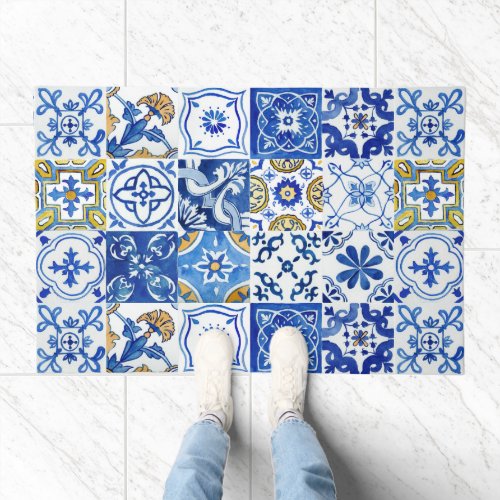 Blue White  Yellow Mediterranean Floral Pattern Doormat