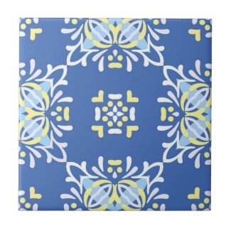 Blue White Yellow Mediterranean Ornate Elegant Ceramic Tile