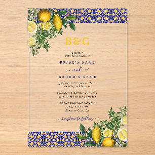 Blue White Yellow Mediterranean Tile Lemon Wedding Acrylic Invitations