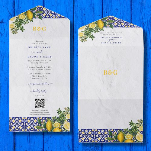 Blue White Yellow Mediterranean Tile Lemon Wedding All In One Invitation