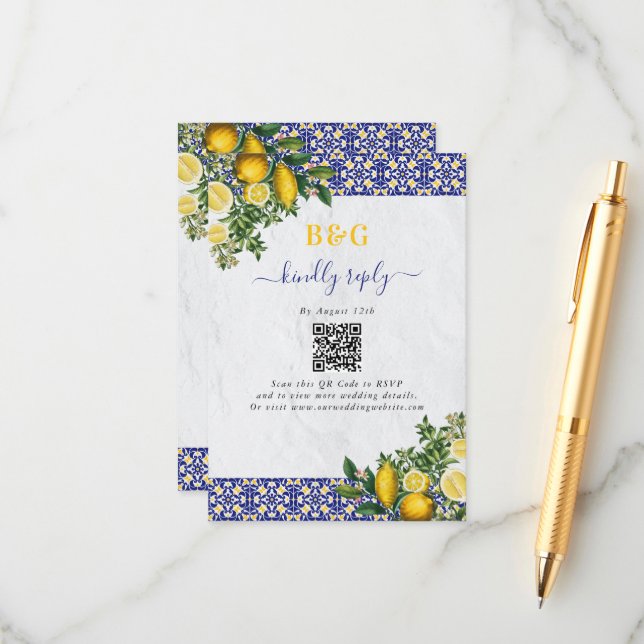 Blue White Yellow Mediterranean Tile Lemon Wedding Enclosure Card (Front/Back In Situ)