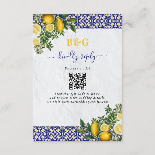 Blue White Yellow Mediterranean Tile Lemon Wedding Enclosure Card