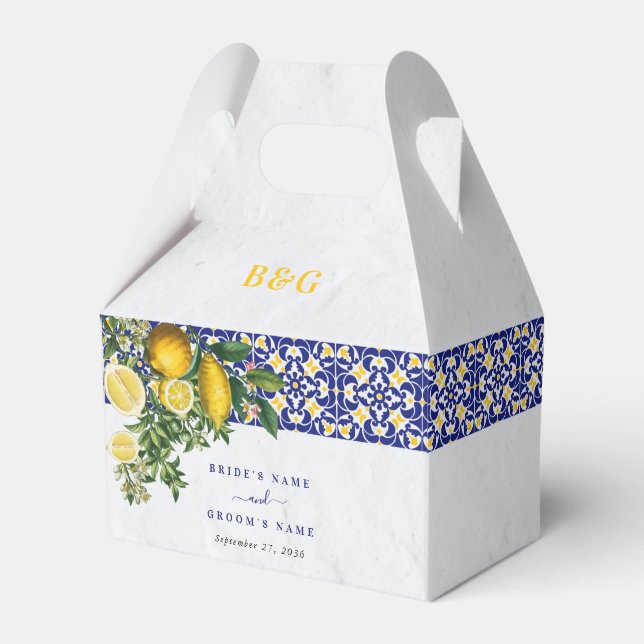 Blue White Yellow Mediterranean Tile Lemon Wedding Favor Boxes (Front Side)