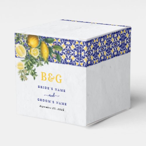 Blue White Yellow Mediterranean Tile Lemon Wedding Favor Boxes