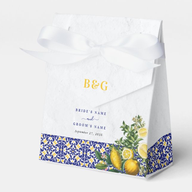 Blue White Yellow Mediterranean Tile Lemon Wedding Favor Boxes (Front Side)