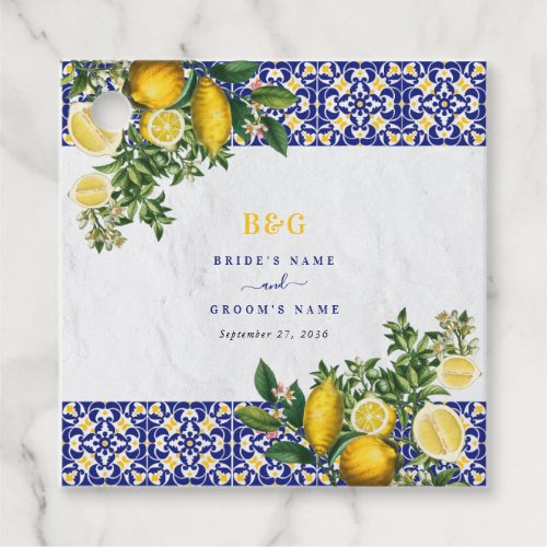 Blue White Yellow Mediterranean Tile Lemon Wedding Favor Tags