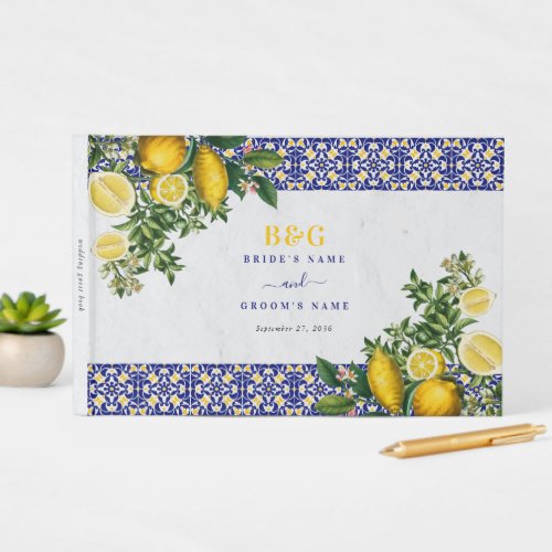 Blue White Yellow Mediterranean Tile Lemon Wedding Guest Book