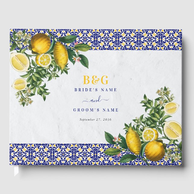 Blue White Yellow Mediterranean Tile Lemon Wedding Guest Book (Front)