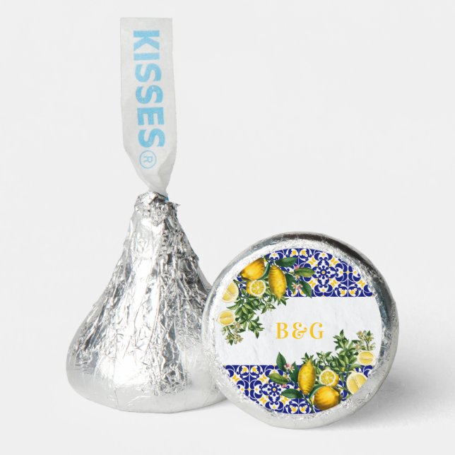 Blue White Yellow Mediterranean Tile Lemon Wedding Hershey®'s Kisses® (Front)