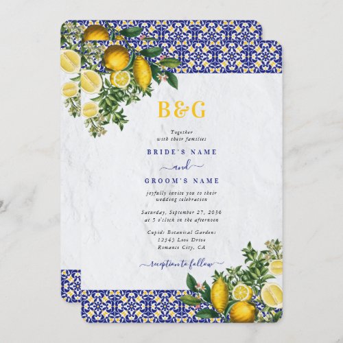 Blue White Yellow Mediterranean Tile Lemon Wedding Invitation