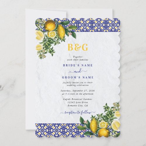 Blue White Yellow Mediterranean Tile Lemon Wedding Invitation