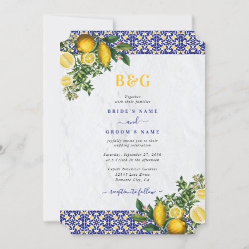 Blue White Yellow Mediterranean Tile Lemon Wedding Invitation