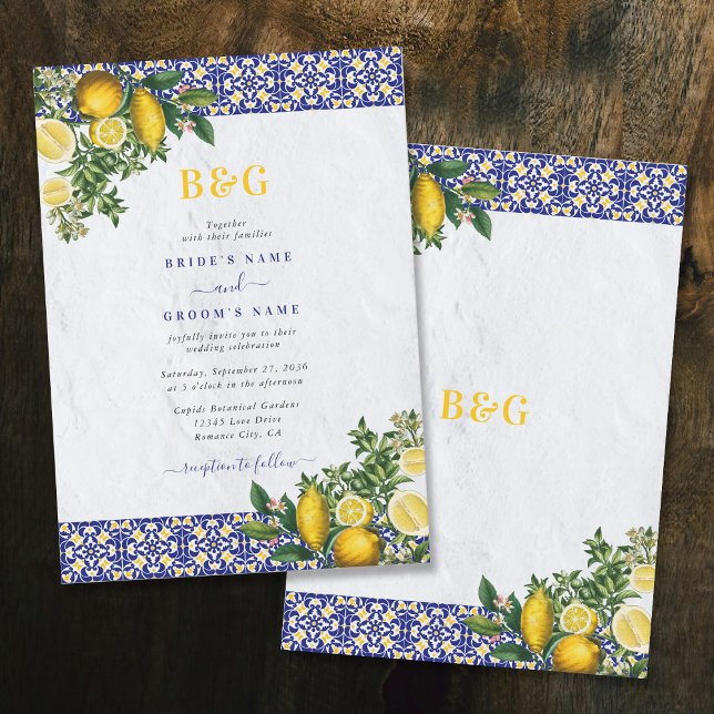 Blue White Yellow Mediterranean Tile Lemon Wedding Invitation (Blue White Yellow Mediterranean Tile Lemon Wedding Invitation)