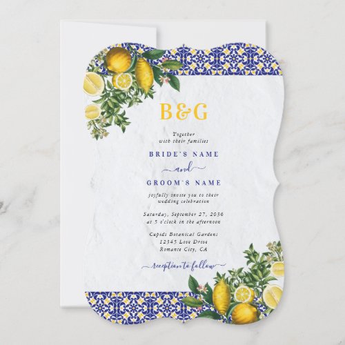 Blue White Yellow Mediterranean Tile Lemon Wedding Invitation