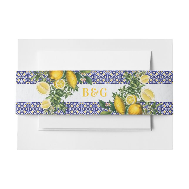 Blue White Yellow Mediterranean Tile Lemon Wedding Invitation Belly Band (Front Example)