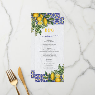 Blue White Yellow Mediterranean Tile Lemon Wedding Menu