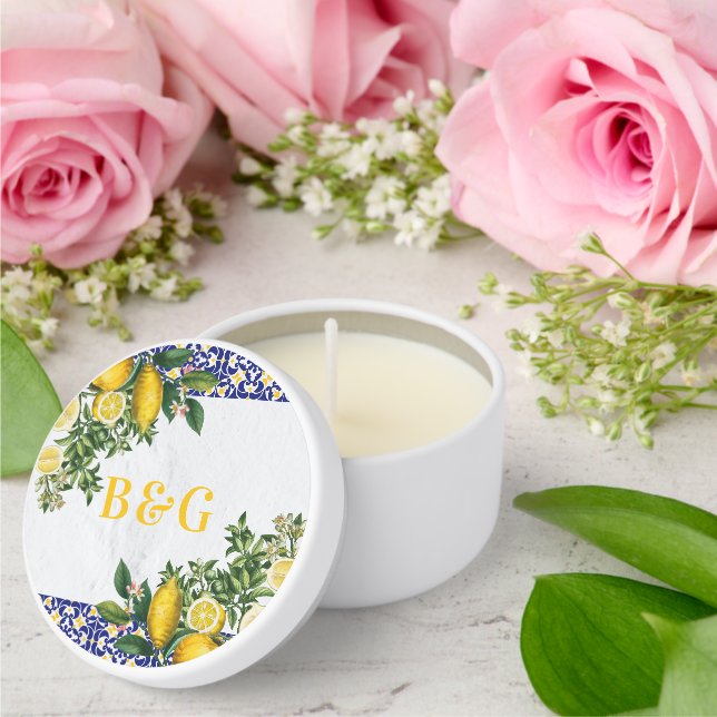 Blue White Yellow Mediterranean Tile Lemon Wedding Mini Candle Favors (Insitu (Wedding))