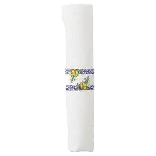 Blue White Yellow Mediterranean Tile Lemon Wedding Napkin Bands