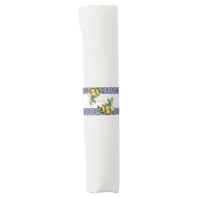 Blue White Yellow Mediterranean Tile Lemon Wedding Napkin Bands (Front)