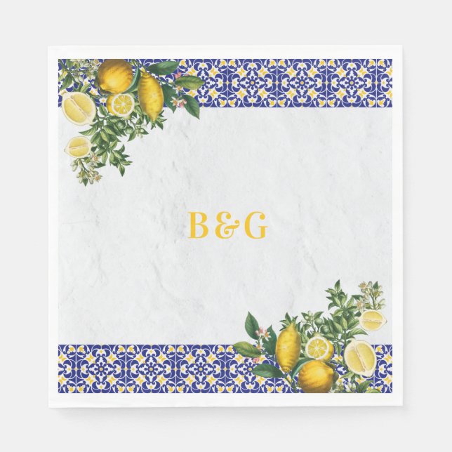 Blue White Yellow Mediterranean Tile Lemon Wedding Napkins (Front)