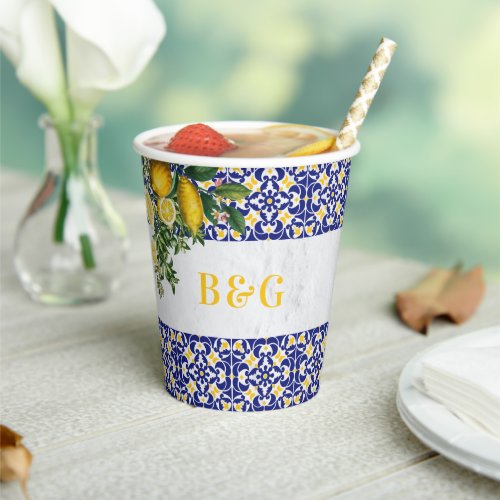 Blue White Yellow Mediterranean Tile Lemon Wedding Paper Cups