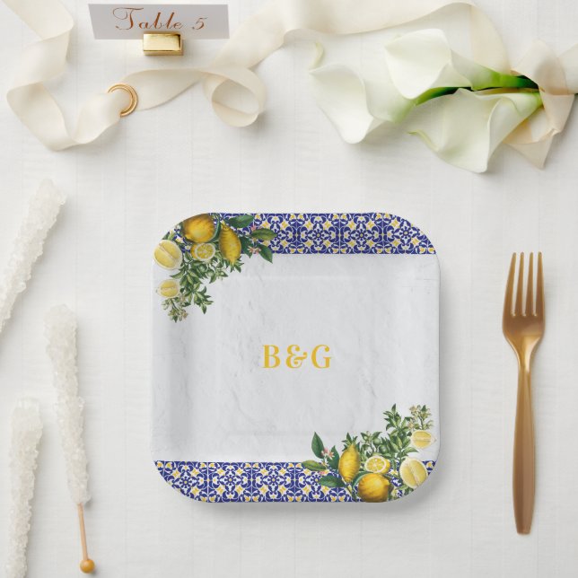 Blue White Yellow Mediterranean Tile Lemon Wedding Paper Plates (Wedding)