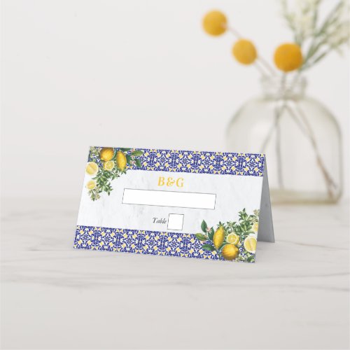 Blue White Yellow Mediterranean Tile Lemon Wedding Place Card