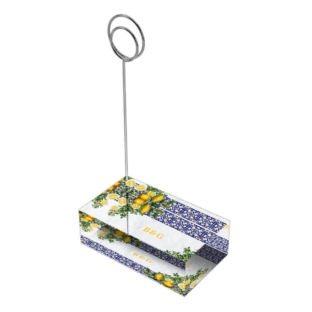 Blue White Yellow Mediterranean Tile Lemon Wedding Place Card Holder (Corner)