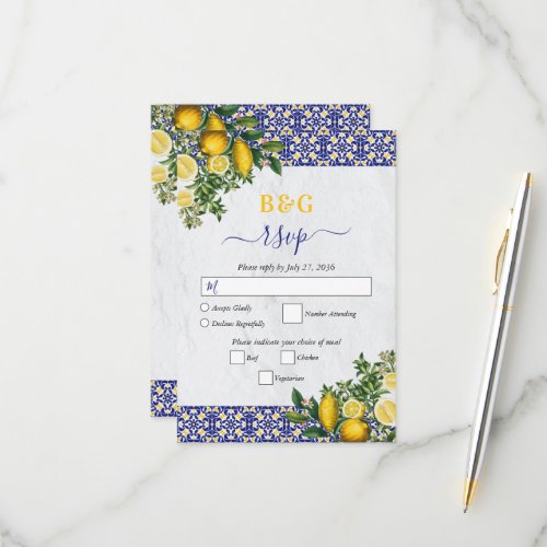 Blue White Yellow Mediterranean Tile Lemon Wedding RSVP Card