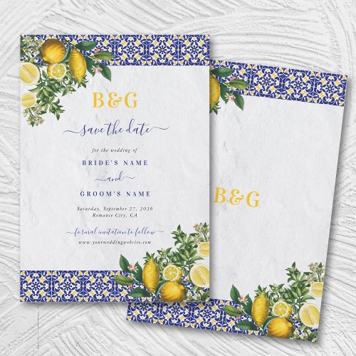 Blue White Yellow Mediterranean Tile Lemon Wedding Save The Date