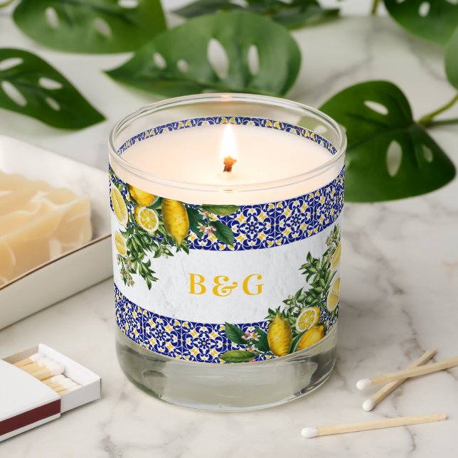 Blue White Yellow Mediterranean Tile Lemon Wedding Scented Candle (Lit)